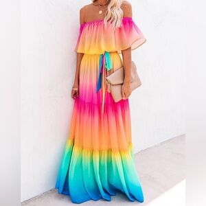 Rainbow Skies Off The Shoulder Tiered Maxi Dress